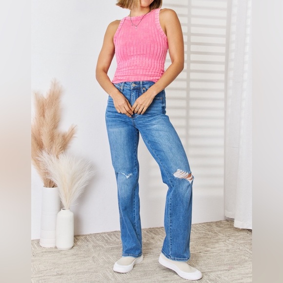 NEW Zenana Artemis Hot Pink Ribbed Vintage Wash Round Neck Tank Top - Picture 3 of 6